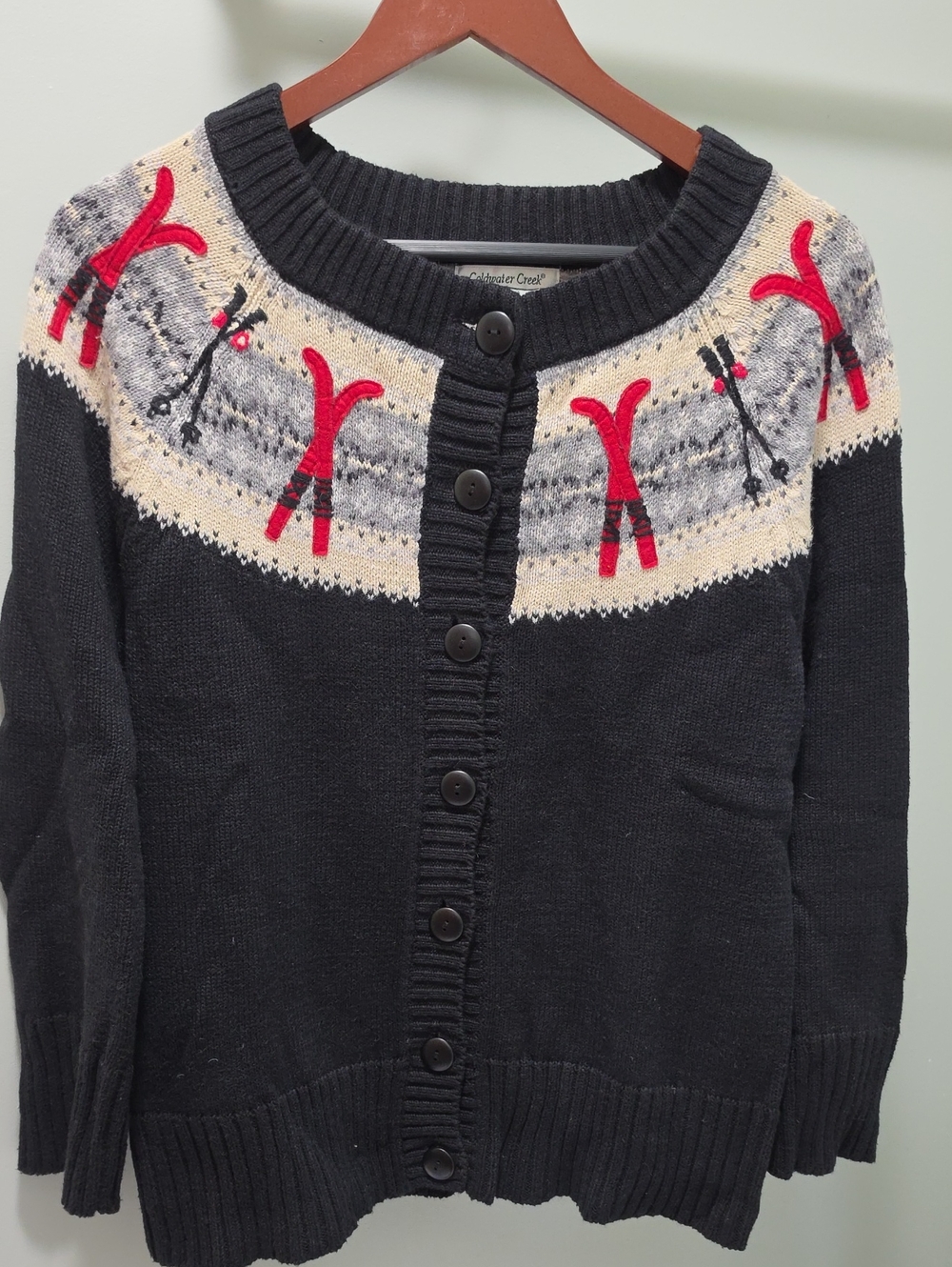 Coldwater Creek Black Cardigan with Red Ski Motif and Cream Yoke